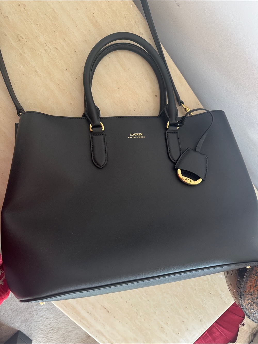 Lauren Ralph Lauren Black Leather Tote with Gold Hardware